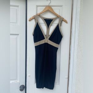 Black Plunge Neckline Dress, Beige accent, Size S